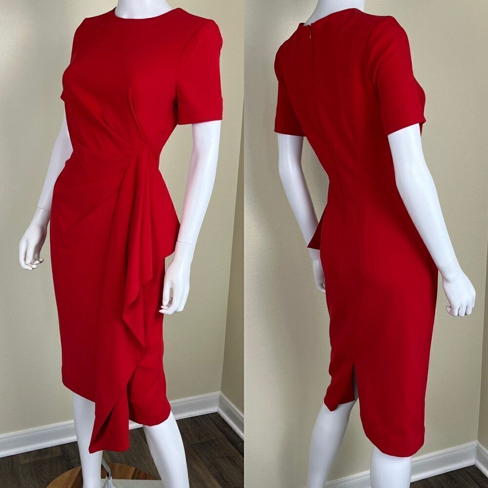Badgley Mischka Women's Size 2 Red Drapy Stretch Crepe Midi Sheath Dress Party